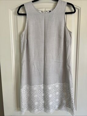 Kensie White Dress with Black Grid and Lace Hem
